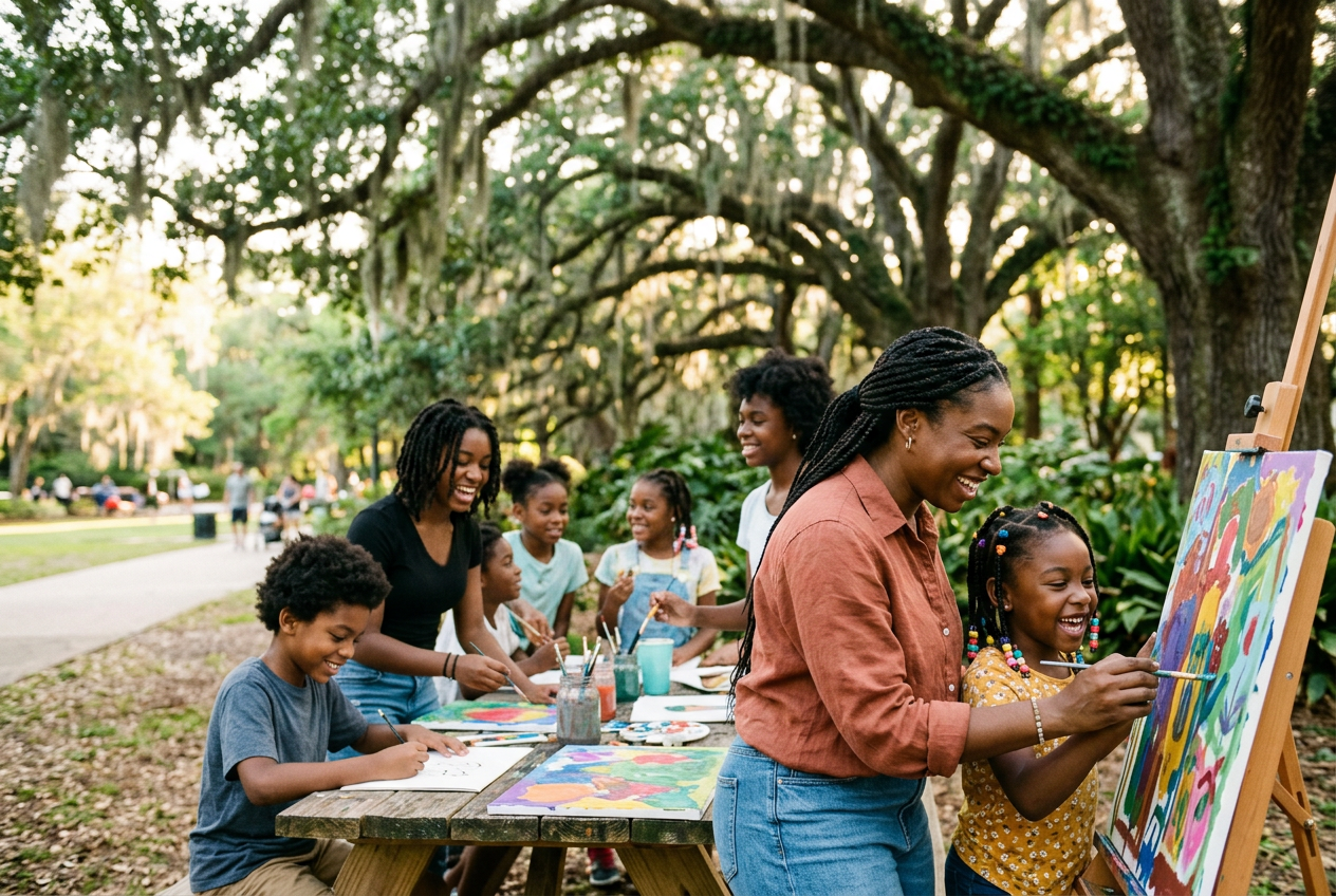 A mentor and child creating art together in a community setting
